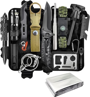 Survival Kit, Professionelles Notfall Survival Kit mit Klappmesser, Camping
