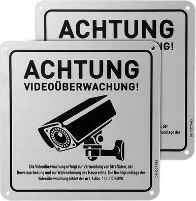 Achtung Videoéberwachung Schild Mit DSGVO Hinweis, 2 Stéck 15ß15 CM Farbe Silber