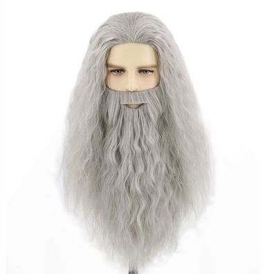 Topcosplay Perécke Und Bart Set Herren Zauberer Magier Perécke Grau/Weiß Hallowe