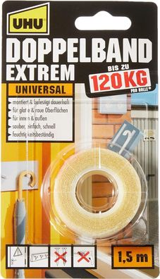 UHU 46820 Doppelband Extrem 120 kg Doppelseitiges Montage Klebeband 1,5m x 19mm