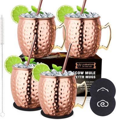 Livehitop 4 Stéck Moscow Mule Kupfer Becher Set 19.5 Oz Handgemacht Cocktail