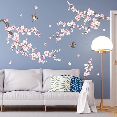 Wondever Wandtattoo Rosa Kirschbléte Blumen Wandaufkleber Vögel Auf Baum Ast Wan