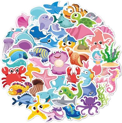 50 Stéck Meereslebewesen Aufkleber, Tiere Cartoon Aufkleber, Vinyl Stickers Fér