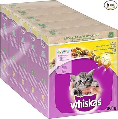 Whiskas Junior Trockenfutter Huhn, 5x800g (5 Packungen) - (2-12 Monate) Katze