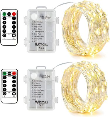 BXROIU 2 x50Leds Silbernedraht Micro LED Lichterkette Batteriebetrieb 8 Programm