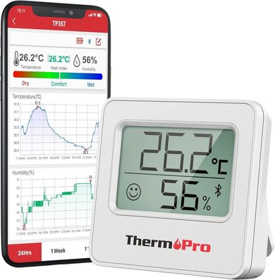 ThermoPro TP357 Bluetooth 80m Hygrometer Innen Raumthermometer Digital Mini App