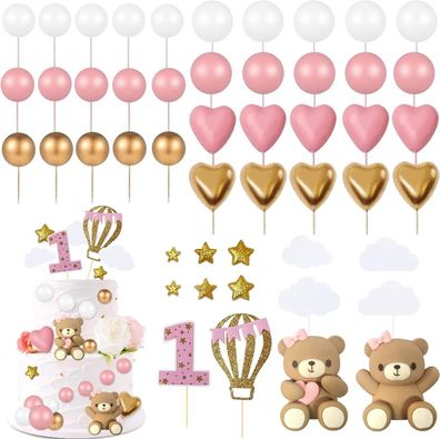 49 Stéck Rosa Tortendeko Set, Mädchen 1. Geburtstag Cake Topper, Teddybär Kuchen