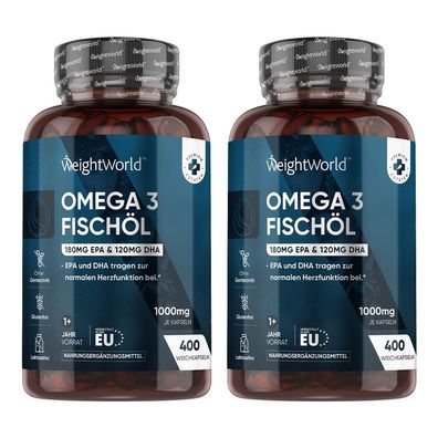 Omega 3-400 Kapseln 1+ Jahr Vorrat-1000mg Fischöl pro Tag - 2 Flaschen - WeightWorld