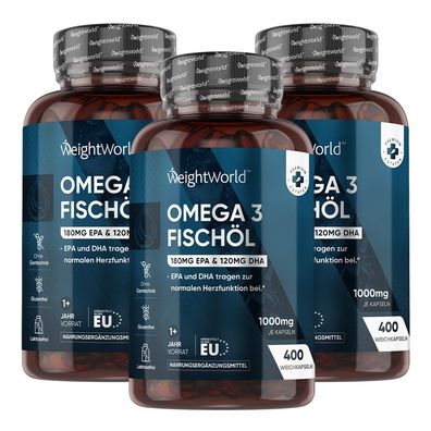 Omega 3-400 Kapseln 1+ Jahr Vorrat-1000mg Fischöl pro Tag - 3 Flaschen - WeightWorld