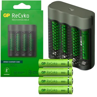 GP USB Akku-Ladegerät AA / AAA + 4 AAA-Akku 950mAh Micro Batterie Schnell-Lader