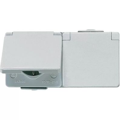 Jung SCHUKO® Zweifach-Steckdose, 16 A 250 V , Klappdeckel, waagerecht, IP 44, WG 600