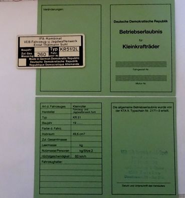 Simson Schwalbe KR51/2 L Datenblatt Betriebserlaubnis ABE und Typenschild