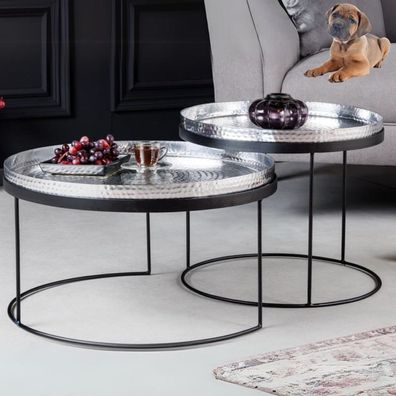 Modernes 2er Set Couchtisch Martello schwarz silber abnehmbare Tabletts Hammerschlag