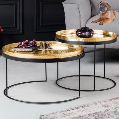 Modernes 2er Set Couchtisch Martello schwarz gold abnehmbare Tabletts Hammerschlag