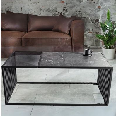 Moderner Couchtisch STRIVE 100cm Marmor-Look Industrielles Design schwarz Metall