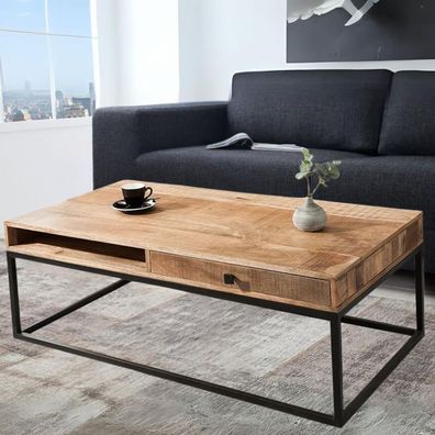 Couchtisch mit Schublade und Ablage AMBA 100cm Mangoholz Metallbeine
