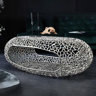 Design Couchtisch RIXOS silber 120cm Metall silber Stauraum Handarbeit