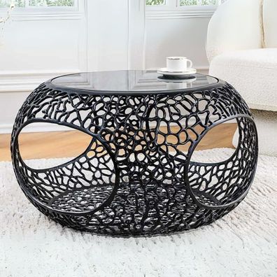 Design Couchtisch RIXOS schwarz 75cm Metall schwarz Handarbeit Stauraum