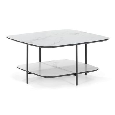 Moderner Design Couchtisch MARMOL 75cm weiss-schwarz Marmor-Optik Metallgestell