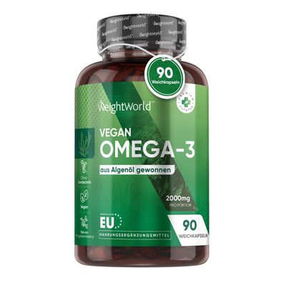 Vegane Omega 3 Kapseln - 2000mg Algenöl liefern 600mg DHA & 300mg EPA pro Tag