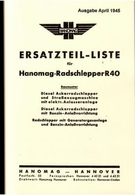 Ersatzteilliste für Hanomag Radschlepper R40, Ackerschlepper, Zugschlepper