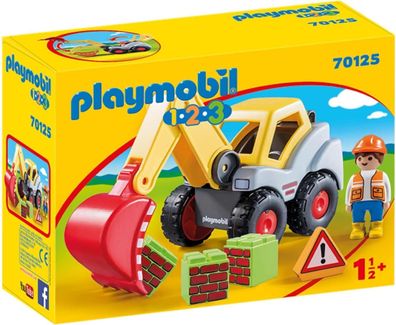 Playmobil 1.2.3. 70125 Schaufelbagger mit Anhängerkupplung ab 1,5 Jahren, Kinder