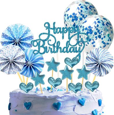 22 Stéck Tortendeko Geburtstag Happy Birthday Kuchendeko Glitter Topper Blau