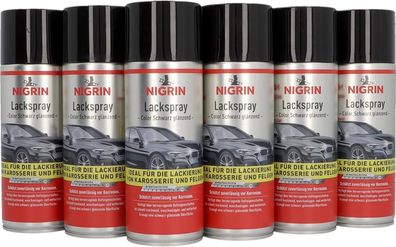 NIGRIN Lackspray, 6 x 400 ml, schwarz glänzender Autolack, schétzt Felgen, Auto