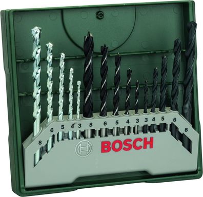 Bosch 15 tlg. Mini-X-Line Spiralbohrer Mixed-Set (Holz, Stein & Metall, Zubehör)