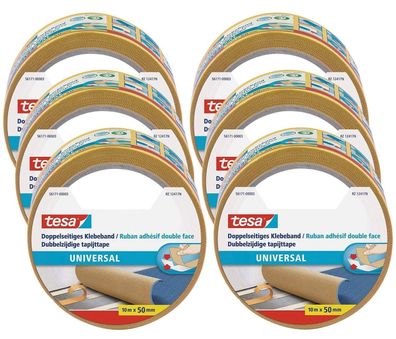 Tesa Doppelseitiges Klebeband Universal im 6er Pack, Set - (6 Rollen je 10 m)