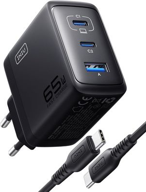 INIU 65W USB C Ladegerät, [USB-C * 2 + USB-A] Netzteil Mehrfach mit USB-C Kabel