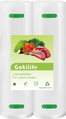 Gokilife Vakuumierbeutel - 2 Rollen 25x600cm Reißfest ca. 450Âµm, Vakuumierfolie