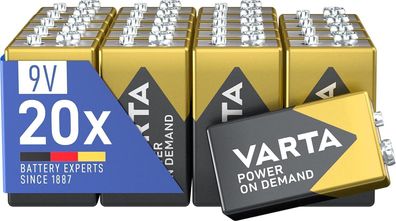 VARTA Batterien 9V Blockbatterien, 20 Stéck, Power on Demand, Alkaline, 20x