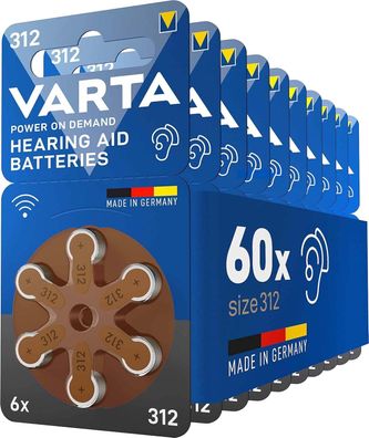 VARTA Hörgerätebatterien Typ 312 braun, Batterien 60 Stéck Vorratspack, P 312