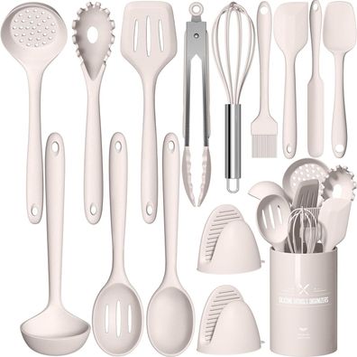 Terlulu Kéchenhelfer Set, 15-tlg. Silikon Kochutensilien Kochbesteck Set, Khaki