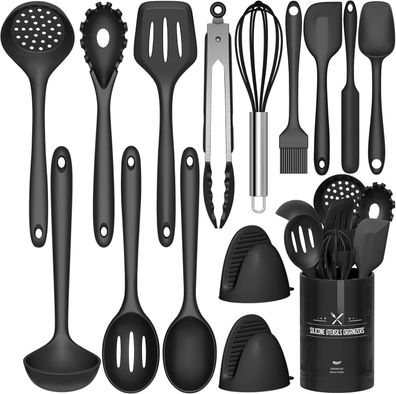 Terlulu Kéchenhelfer Set, 15-tlg Silikon Kochutensilien Kochbesteck Set, schwarz