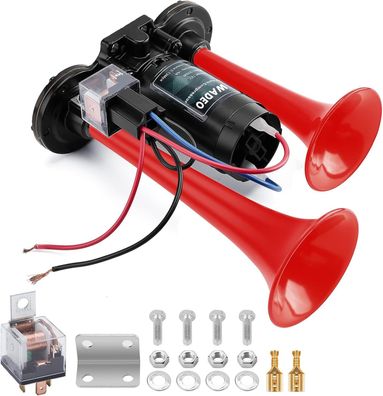 WADEO 12V LKW Hupe 118db, Super Laut Doppelhorn Autohupe mit Kompressor, Rot