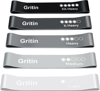 Gritin 5x Fitnessbänder Widerstandsbänder 5 Stufen, 100% Latex, schwarz/grau