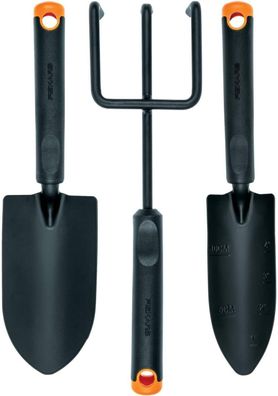 Fiskars Garten Werkzeug Set, 3-teilig, Blumen-Rechen, Blumenelle, Pflanz-Kelle