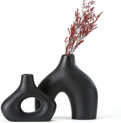 CEMABT Schwarze Keramikvase 2er-Set Doppelberg Vase fér Blumen, Deko, schwarz