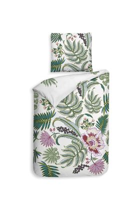 Heckett & Lane Satin Bettwäsche 155x220 Tiera White Blätter Retro grün Wende