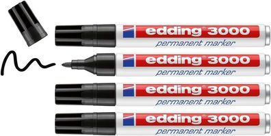 Edding 3000 Permanentmarker, schwarz, 4 Stifte, Rund-Spitze 1,5-3 mm, Marker