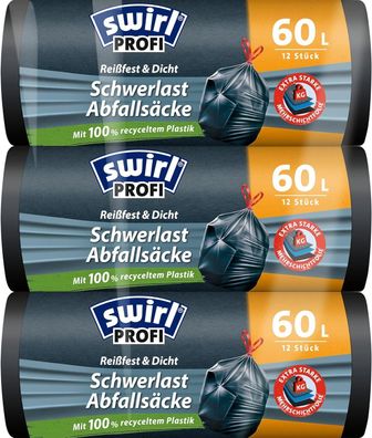 Swirl Schwerlast-Méllsäcke 60 Liter (3 x 12 Beutel) Mélltéten, Méllsack