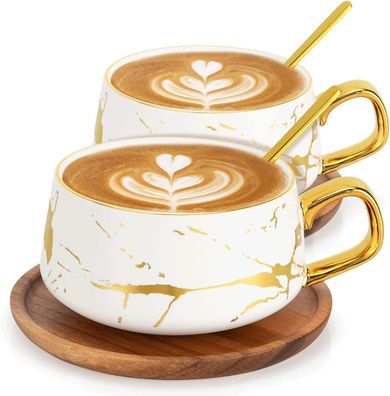 2 Stücke Espresso-Tassen, 300 ml Cappuccino Tasse Set, Marmor Becher + Untersatz