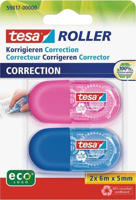 Tesa Mini Korrekturroller ecoLogo - für Papier, 6 m x 5 mm - Blau/Pink, 2er Pack