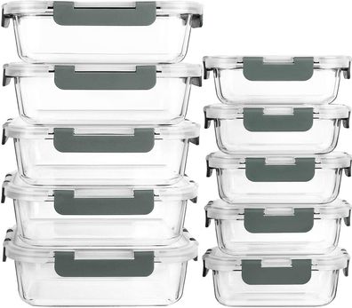 Glas-Frischhaltedosen Set Lebensmittel, 10 Dosen (5x370ml, 5x1040ml) 10 Deckel