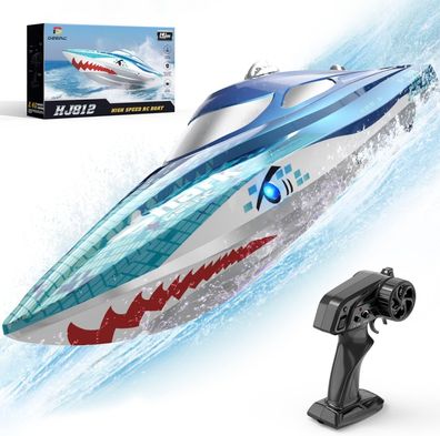 DEERC RC Boot mit LED-Licht, erngesteuertes Haiboot fér Pools und Seen, 20+ km/h