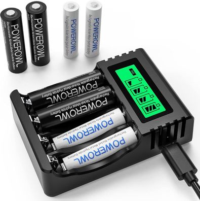 Powerowl Universal Akkuladegerät mit 4 AA Akkus + 4 AAA Akkus - Ladegerät LCD