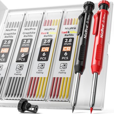 Nicpro Tieflochmarker Bleistift Set, 2 Solide Zimmermanns-Bleistifte + 26 Minen