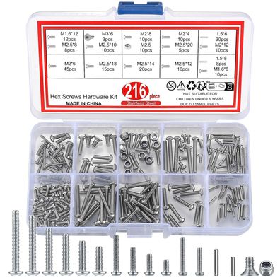 216 Stk Sechskantschrauben und Muttern Set, Edelstahl Sechskopf Knopf Schrauben